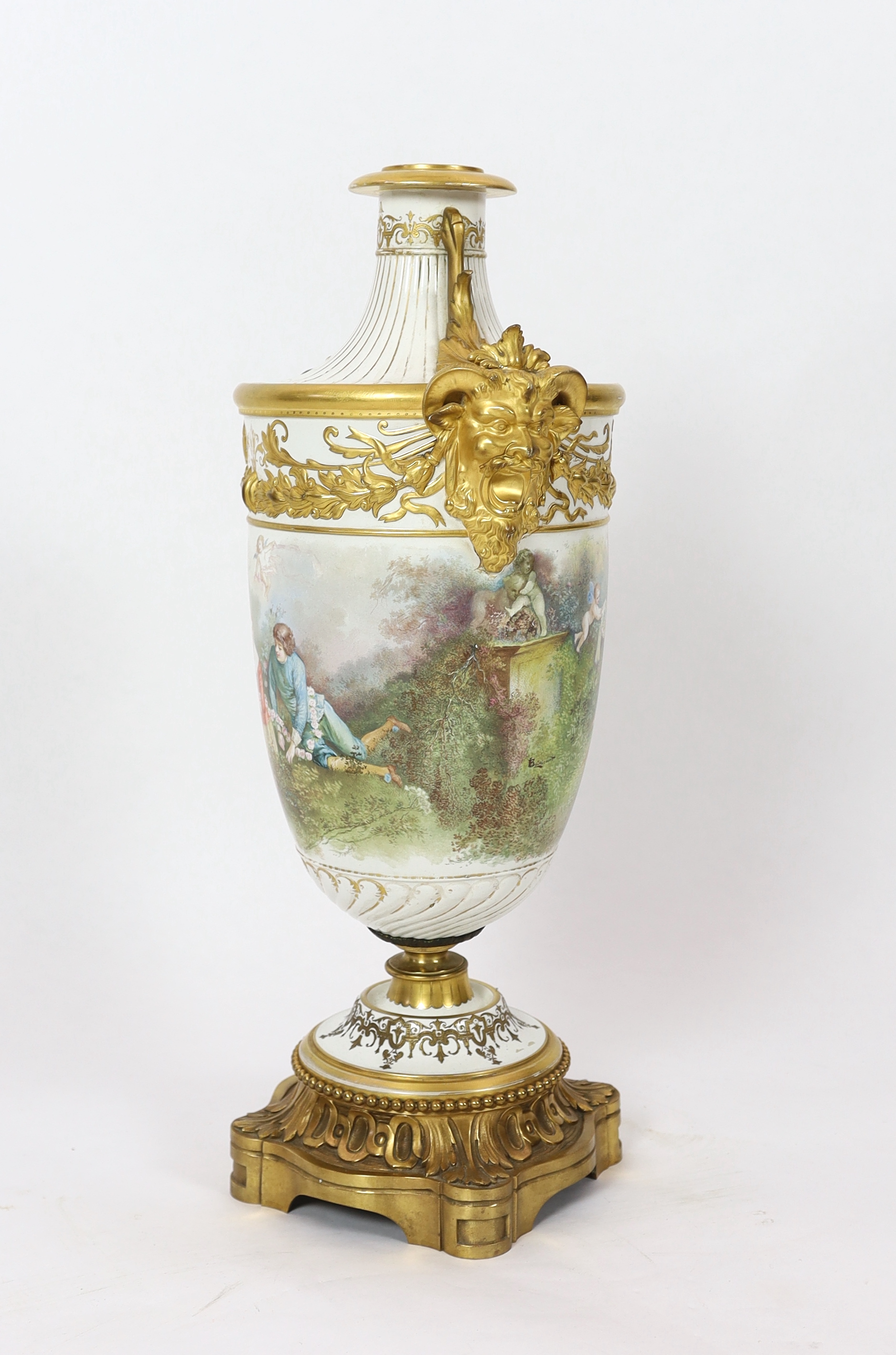 A large French porcelain and ormolu mounted vase, late 19th century, wear to gilding